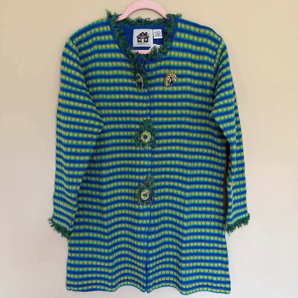 VTG Storybook Knits Peacock Theme Long Cardigan L Blue/Green Embellished NWT